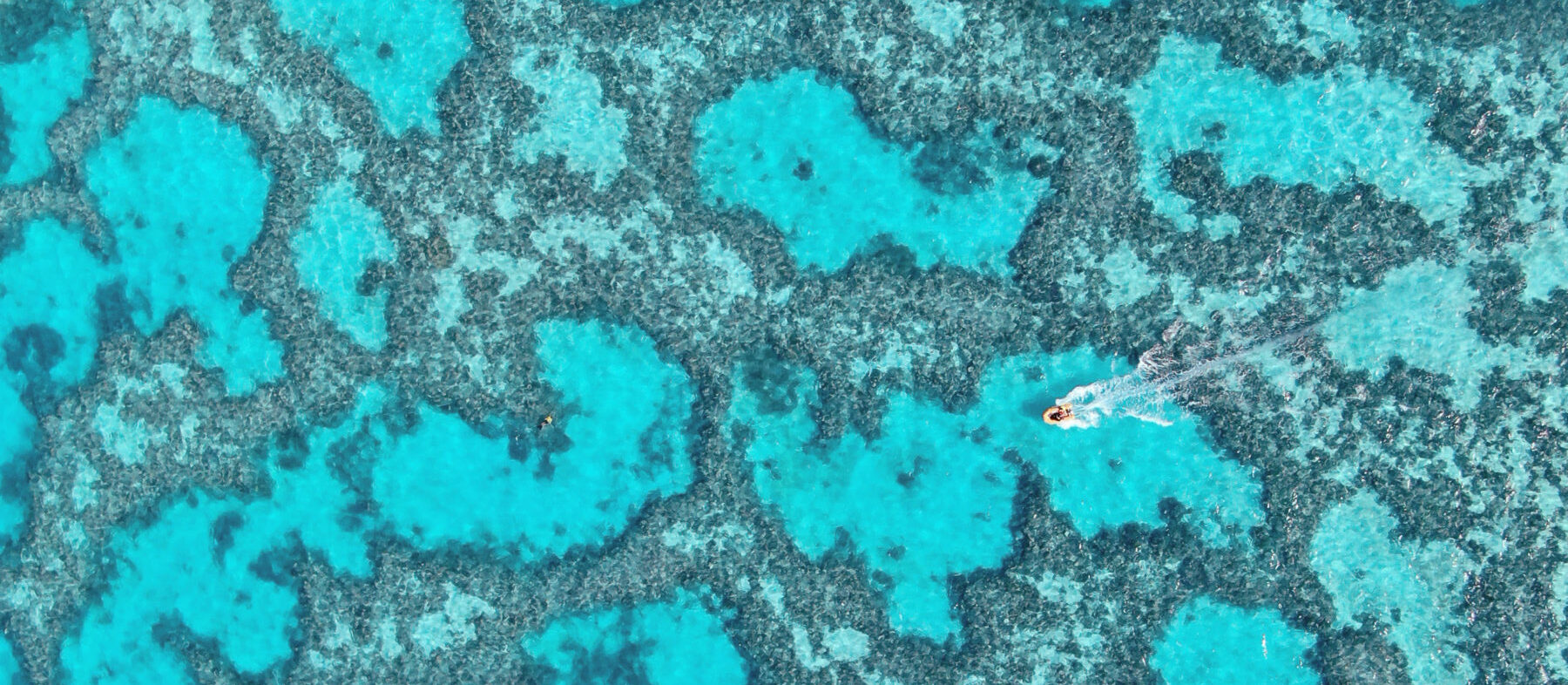 Aerial view of boat travelling through the reef